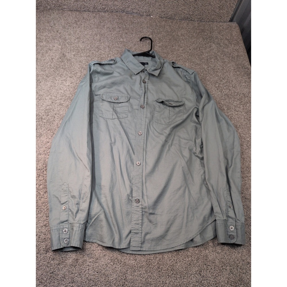 Gap Mens Slim Fit Military Shirt Sage Green Cotton Long Sleeve Epaulettes Large